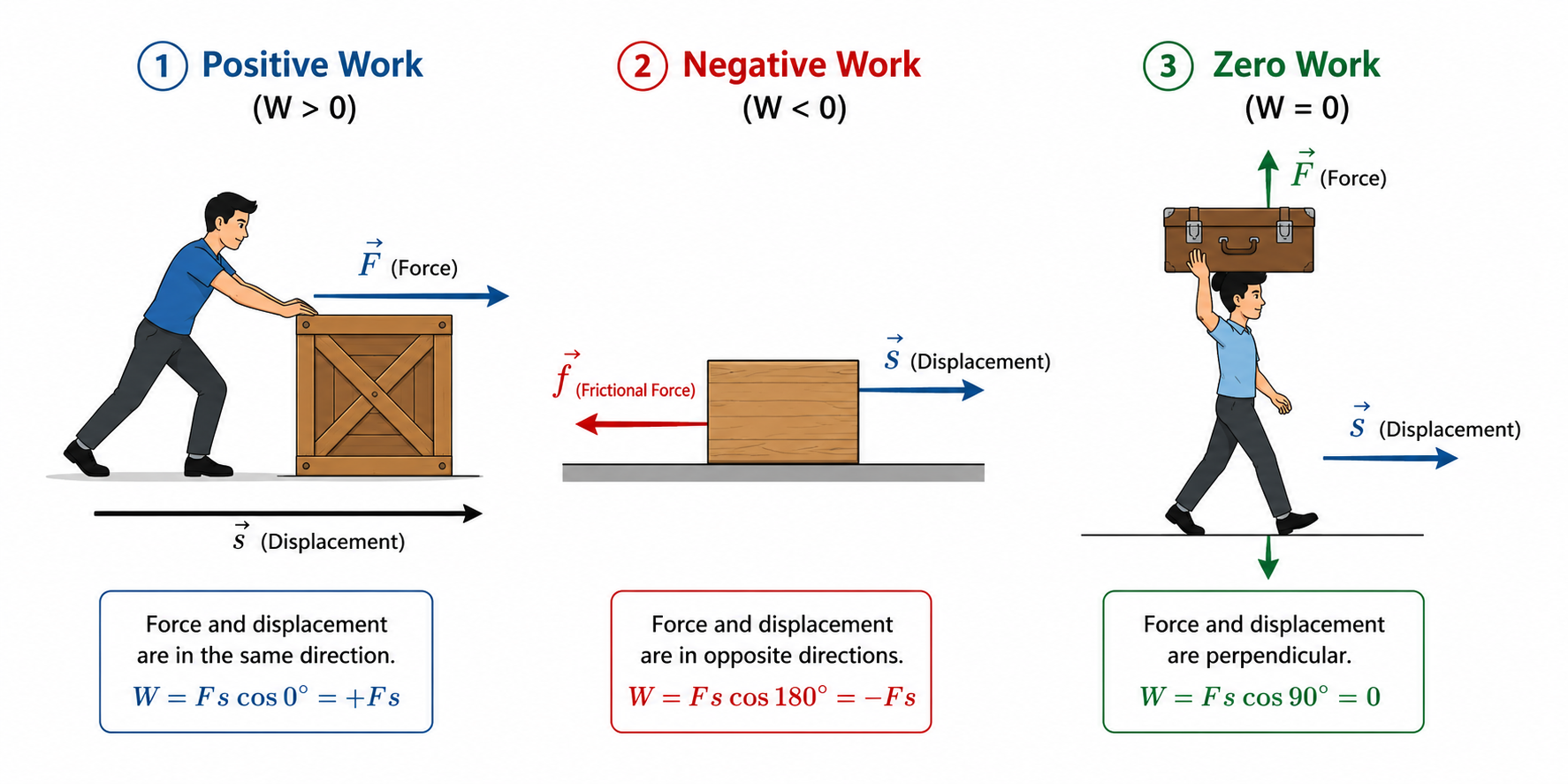 Positive, Negative, and Zero Work Scenarios